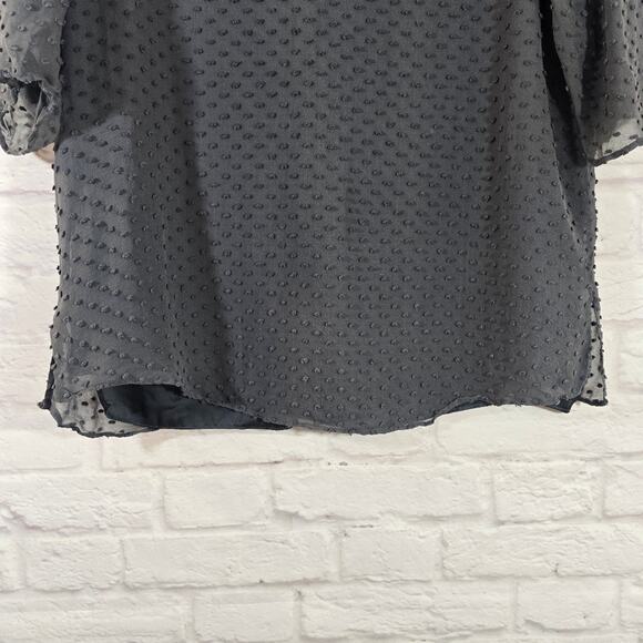 M Beyond Vintage Gray Women's Silk Top Size M Swiss Dot Sheer Sleeves Slit Back - Picture 4 of 11